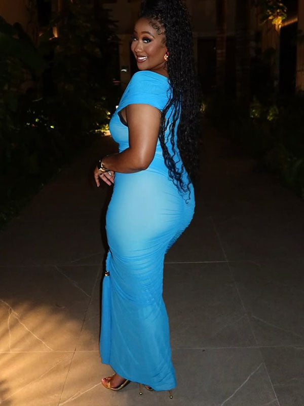 Momnfancy Blue Off Shoulder Bodycon Ruched Mesh Party Maternity Maxi Dress