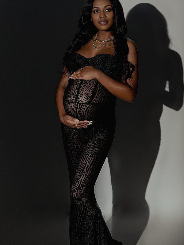 Momnfancy Sheer Spaghetti Strap Backless Leopard Mermaid Bodycon Photoshoot Maternity Maxi Dress