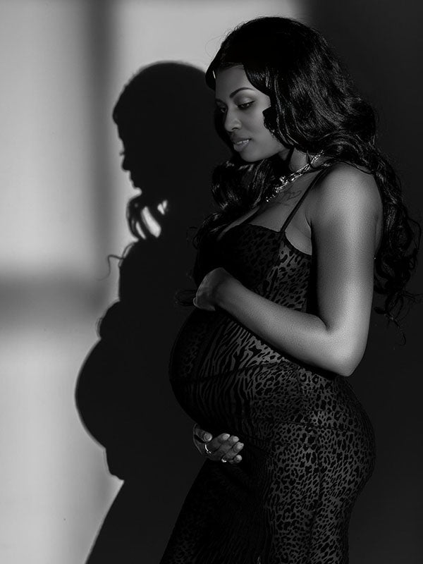 Momnfancy Sheer Spaghetti Strap Backless Leopard Mermaid Bodycon Photoshoot Maternity Maxi Dress