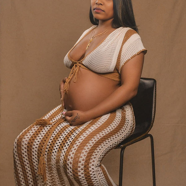 Momnfancy Knitwear Drawstring Crop 2-in-1 Beach Bodycon Photoshoot Maternity Maxi Dress