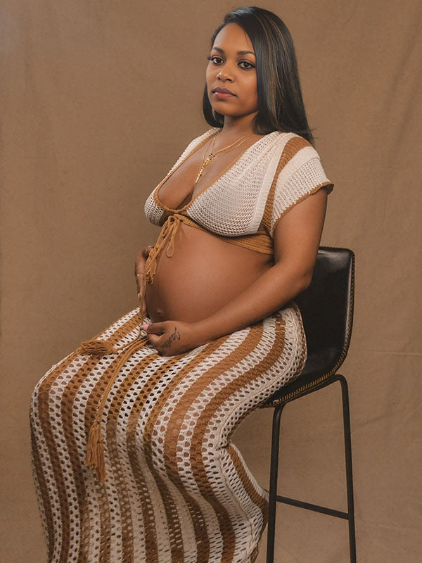 Momnfancy Knitwear Drawstring Crop 2-in-1 Beach Bodycon Photoshoot Maternity Maxi Dress