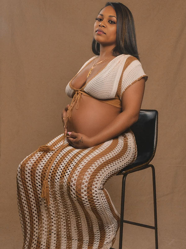 Momnfancy Knitwear Drawstring Crop 2-in-1 Beach Bodycon Photoshoot Maternity Maxi Dress