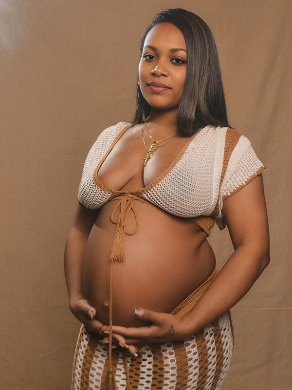 Momnfancy Knitwear Drawstring Crop 2-in-1 Beach Bodycon Photoshoot Maternity Maxi Dress