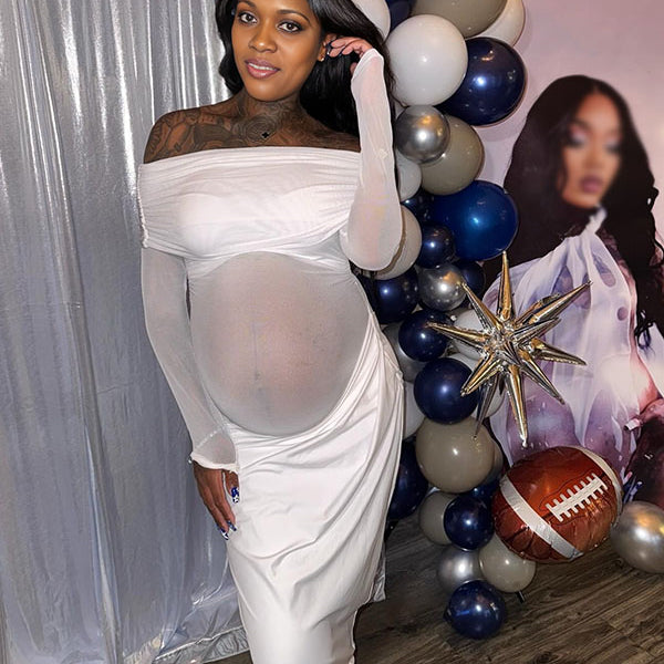 Momnfancy White Off Shoulder Mesh Splicing Bodycon Baby Shower Maternity Maxi Dress