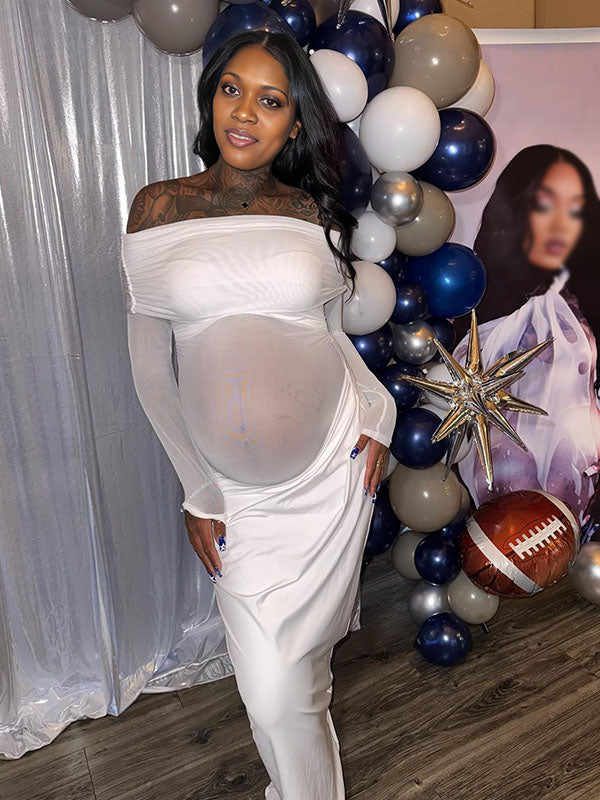 Momnfancy White Off Shoulder Mesh Splicing Bodycon Baby Shower Maternity Maxi Dress