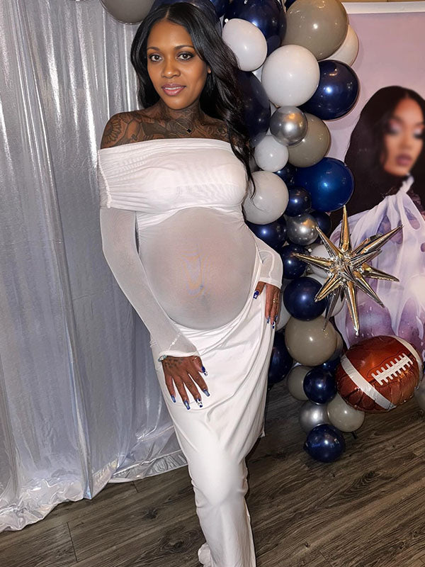 Momnfancy White Off Shoulder Mesh Splicing Bodycon Baby Shower Maternity Maxi Dress
