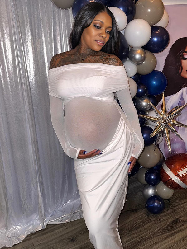 Momnfancy White Off Shoulder Mesh Splicing Bodycon Baby Shower Maternity Maxi Dress