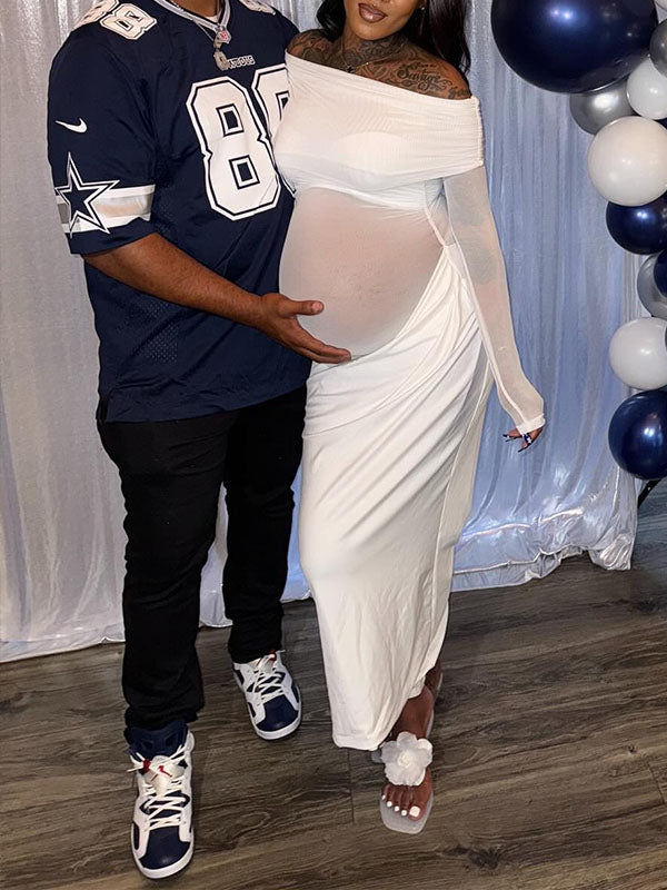 Momnfancy White Off Shoulder Mesh Splicing Bodycon Baby Shower Maternity Maxi Dress