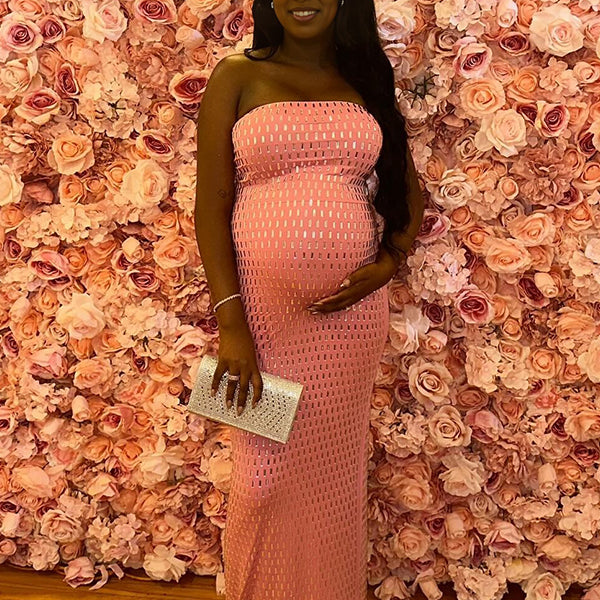 Momnfancy Tube Top Hotfix Rhinestones Maternity Maxi Dresses