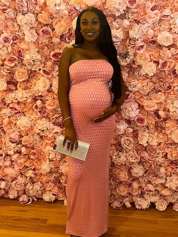 Momnfancy Tube Top Hotfix Rhinestones Maternity Maxi Dresses