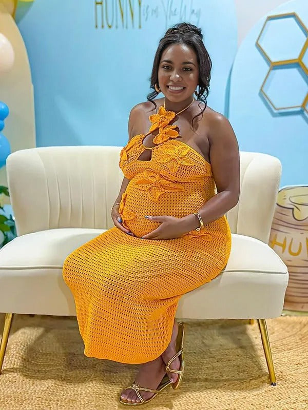 Momnfancy Yellow Knitting 3D Flowers Halter Neck Bodycon Baby Shower Maternity Maxi Dress