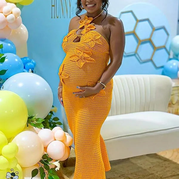 Momnfancy Yellow Knitting 3D Flowers Halter Neck Bodycon Baby Shower Maternity Maxi Dress