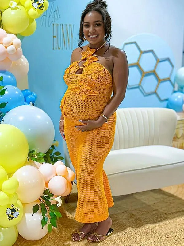 Momnfancy Yellow Knitting 3D Flowers Halter Neck Bodycon Baby Shower Maternity Maxi Dress