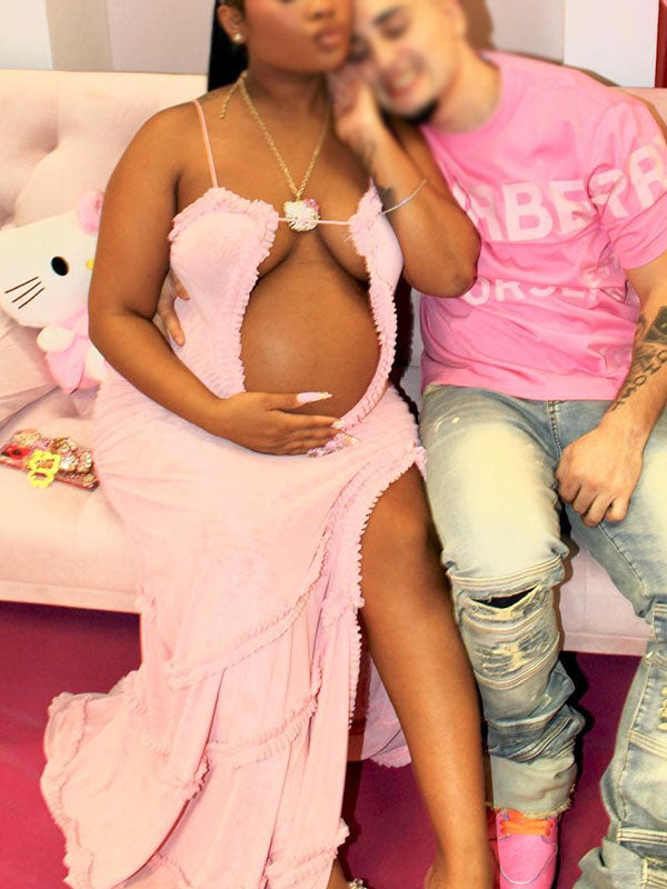 Momnfancy Pink Spaghetti Strap Backless Ruffle Cut Out Crop Bodycon Evening Gown Baby Shower Maternity Maxi Dress