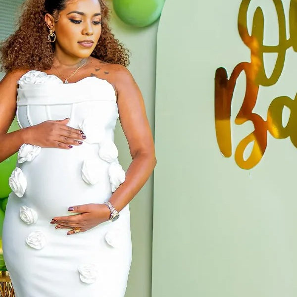 Momnfancy White 3D Flowers Bandeau Bodycon Party Gown Baby Shower Maternity Maxi Dress