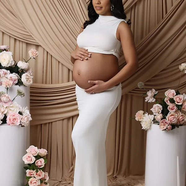 Momnfancy White Crop 2-in-1 Bodycon Photoshoot Maternity Maxi Dress
