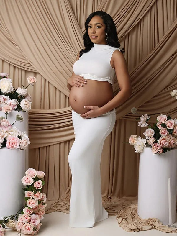 Momnfancy White Crop 2-in-1 Bodycon Photoshoot Maternity Maxi Dress