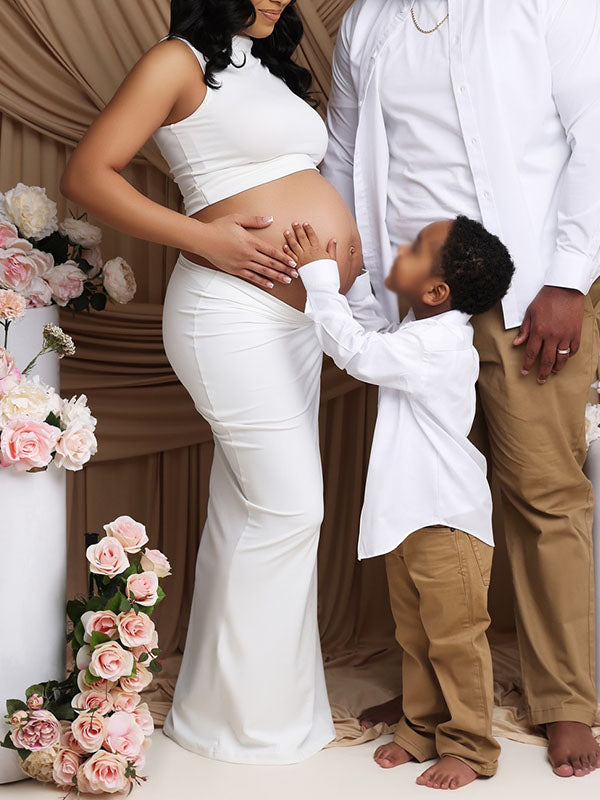 Momnfancy White Crop 2-in-1 Bodycon Photoshoot Maternity Maxi Dress