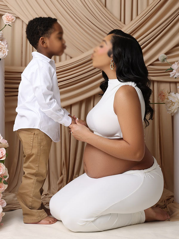 Momnfancy White Crop 2-in-1 Bodycon Photoshoot Maternity Maxi Dress