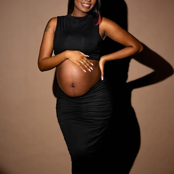 Momnfancy Black Crop 2-in-1 Bodycon Photoshoot Maternity Maxi Dress