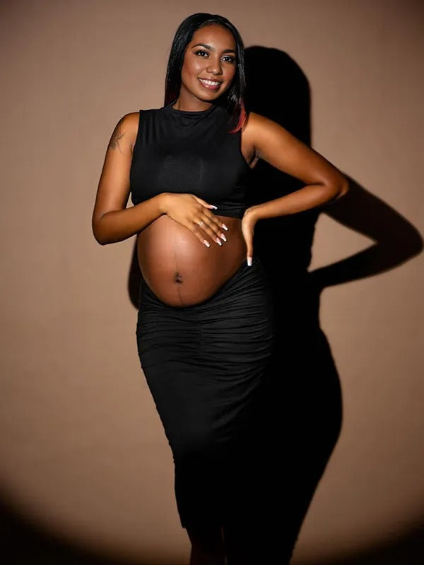 Momnfancy Black Crop 2-in-1 Bodycon Photoshoot Maternity Maxi Dress
