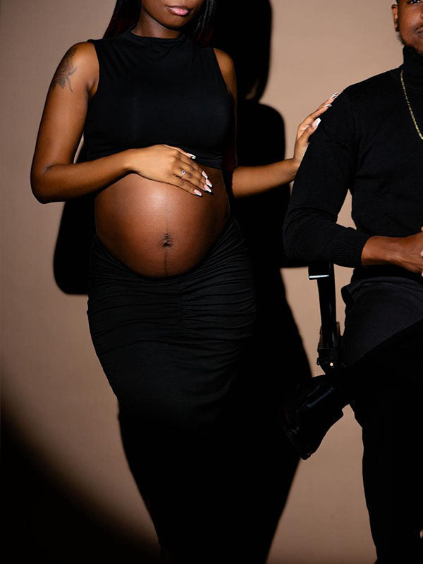 Momnfancy Black Crop 2-in-1 Bodycon Photoshoot Maternity Maxi Dress