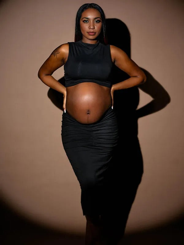 Momnfancy Black Crop 2-in-1 Bodycon Photoshoot Maternity Maxi Dress