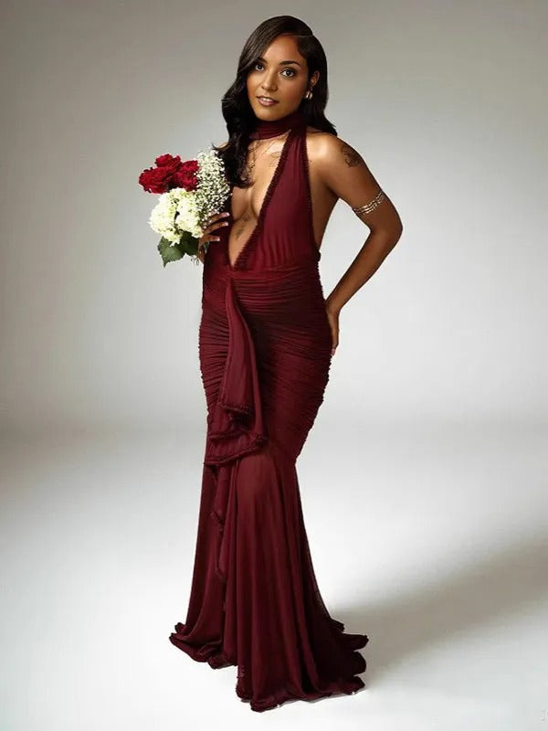 Momnfancy Solid Color Ruffle Mesh Bodycon Party Evening Mermaid Gown Maternity Maxi Dress