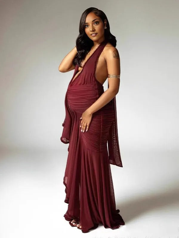 Momnfancy Solid Color Ruffle Mesh Bodycon Party Evening Mermaid Gown Maternity Maxi Dress