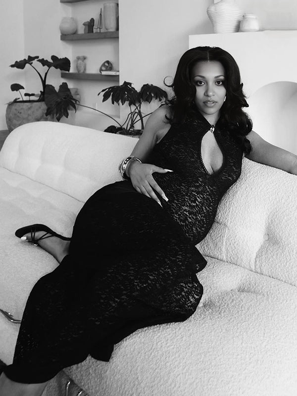 Momnfancy Lace Sheer Ruched Maternity Maxi Dresses