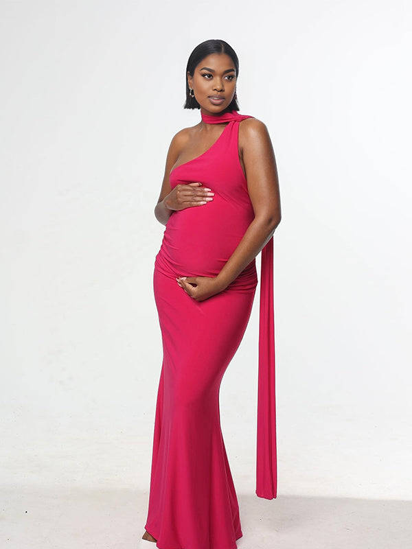 Momnfancy Oblique Shoulder Mermaid Maternity Maxi Dresses