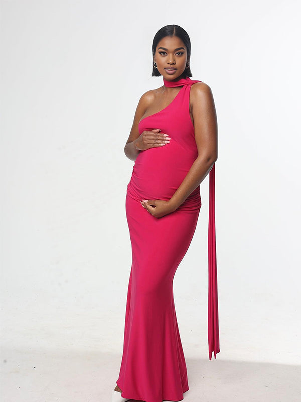 Momnfancy Oblique Shoulder Mermaid Maternity Maxi Dresses
