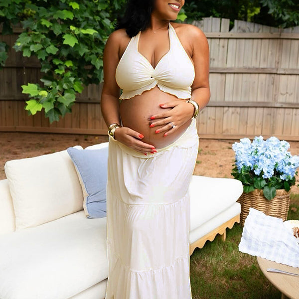 Momnfancy 2-in-1 Falbala Halter Neck Maternity Maxi Dresses