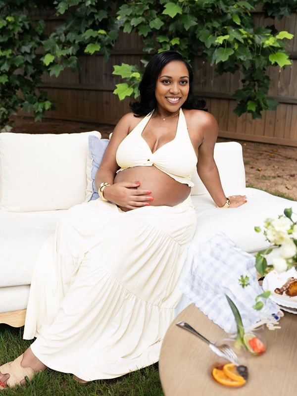 Momnfancy 2-in-1 Falbala Halter Neck Maternity Maxi Dresses