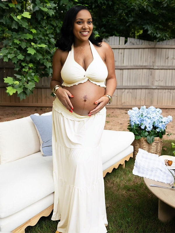 Momnfancy 2-in-1 Falbala Halter Neck Maternity Maxi Dresses