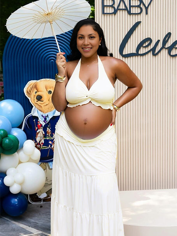 Momnfancy 2-in-1 Falbala Halter Neck Maternity Maxi Dresses