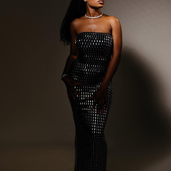 Momnfancy Tube Top Hotfix Rhinestones Maternity Maxi Dresses