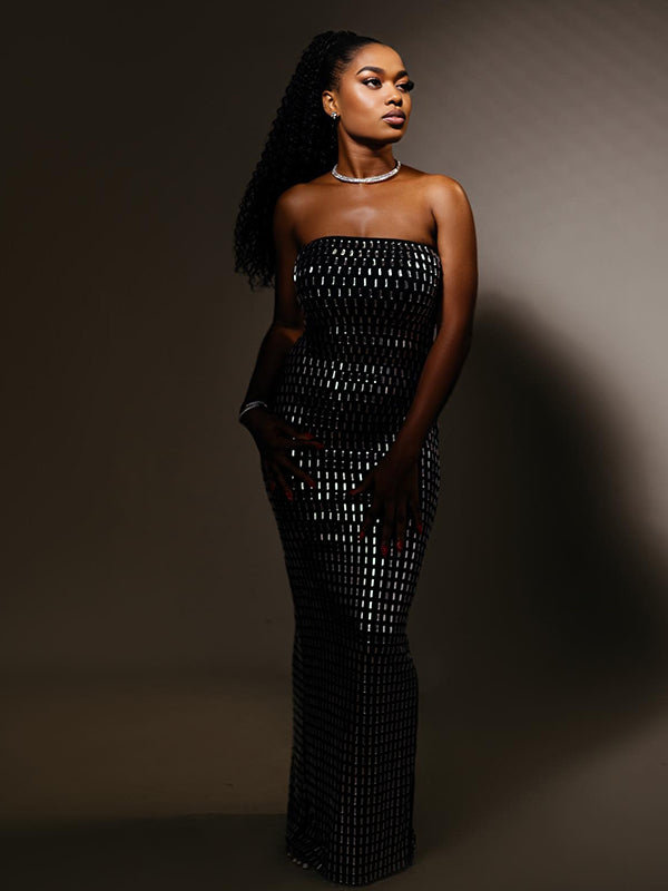 Momnfancy Tube Top Hotfix Rhinestones Maternity Maxi Dresses