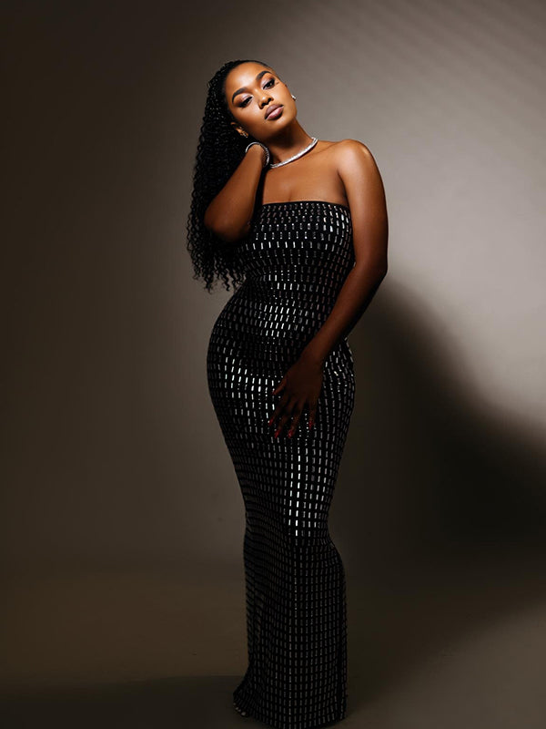 Momnfancy Tube Top Hotfix Rhinestones Maternity Maxi Dresses