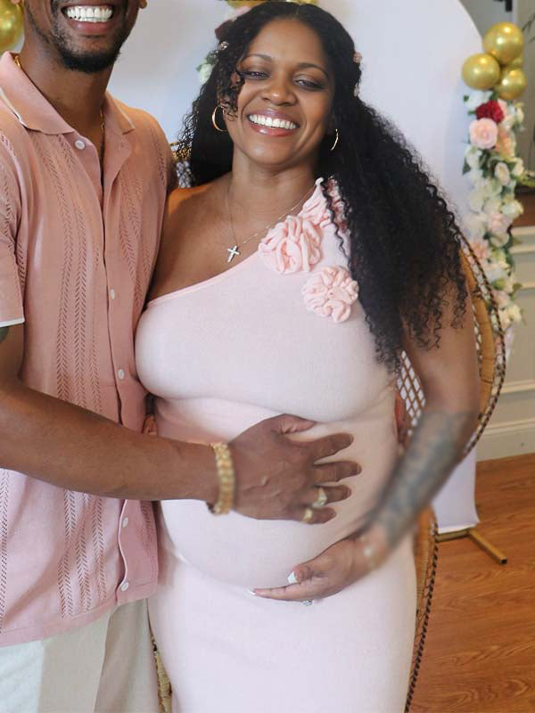 Momnfancy Oblique Shoulder 3D-flowers Maternity Maxi Dresses