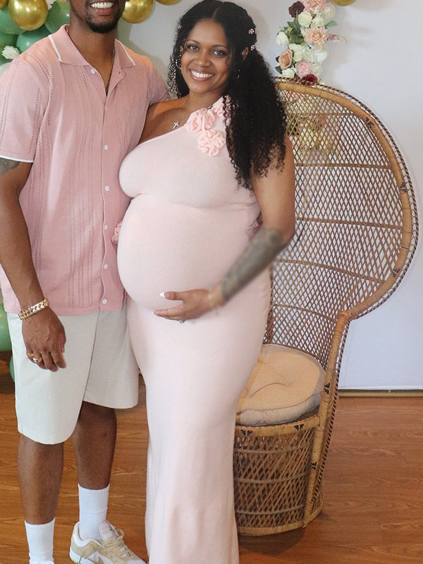 Momnfancy Oblique Shoulder 3D-flowers Maternity Maxi Dresses