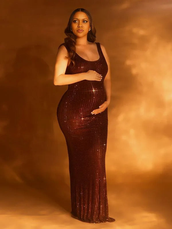 Momnfancy Brown Backless U-Neck Bright Print Bodycon Party Photoshoot Maternity Maxi Dress