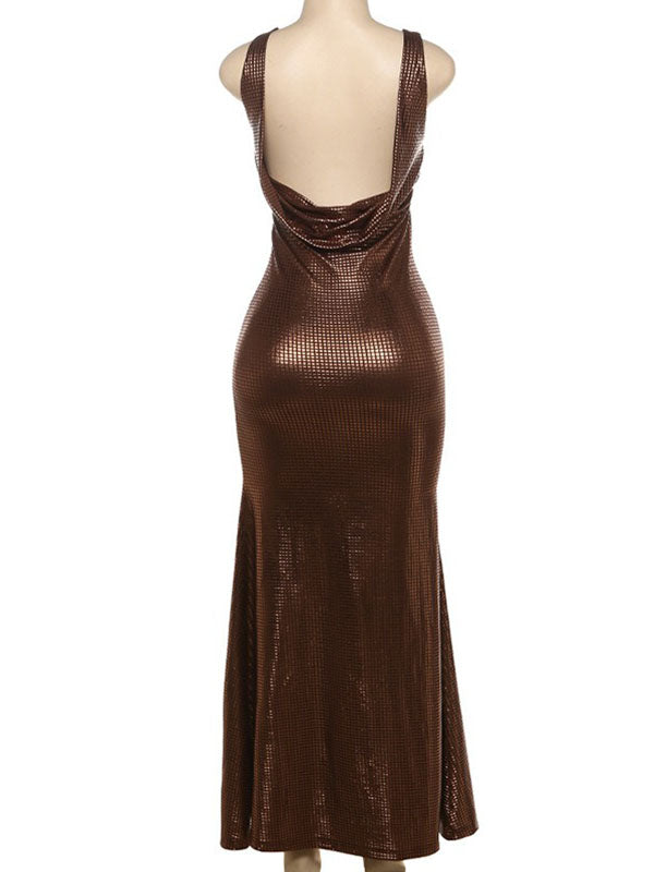 Momnfancy Brown Backless U-Neck Bright Print Bodycon Party Photoshoot Maternity Maxi Dress
