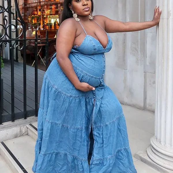 Momnfancy Blue Denim Spaghetti Strap Bowknot Backless V-Neck Maternity Maxi Dress