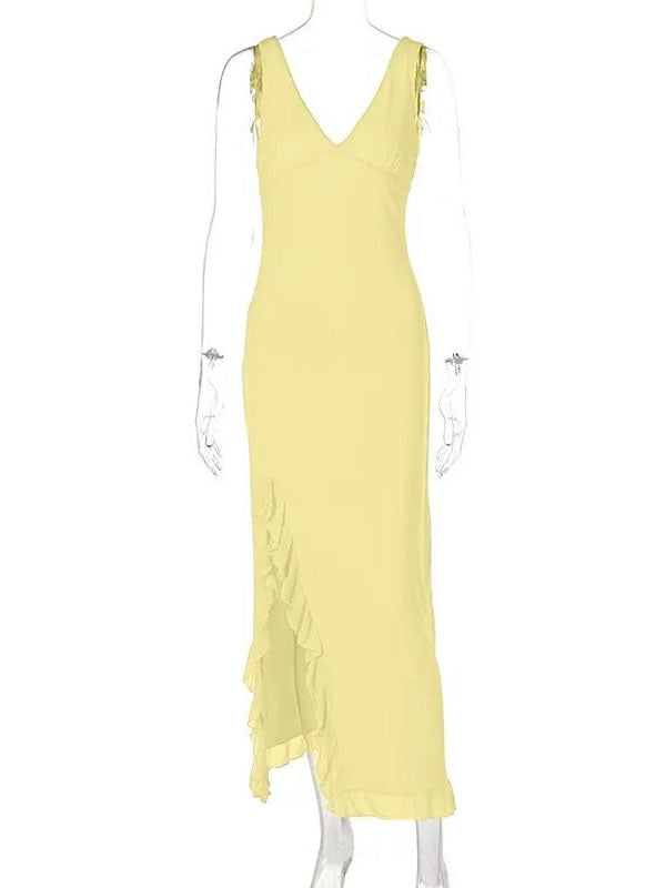 Momnfancy Yellow Mesh Ruffle Side Slit Bodycon Baby Shower Maternity Maxi Dress