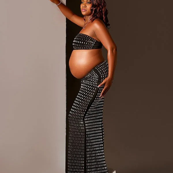 Momnfancy Black Rhinestone 2-in-1 Bandeau Crop Bodycon Photoshoot Maternity Maxi Dress