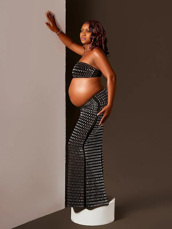 Momnfancy Black Rhinestone 2-in-1 Bandeau Crop Bodycon Photoshoot Maternity Maxi Dress
