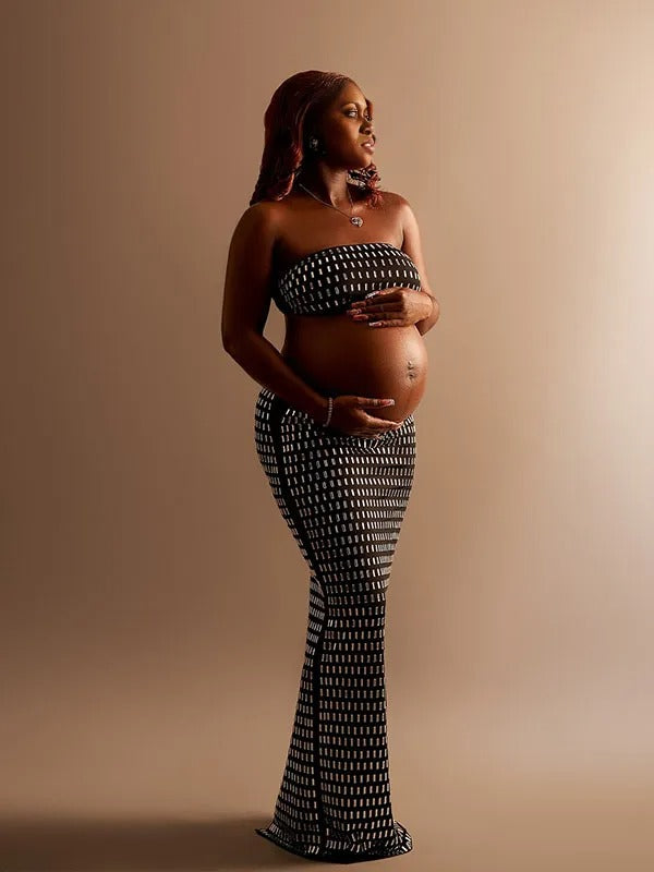 Momnfancy Black Rhinestone 2-in-1 Bandeau Crop Bodycon Photoshoot Maternity Maxi Dress