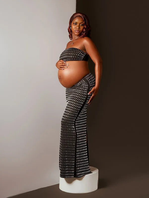 Momnfancy Black Rhinestone 2-in-1 Bandeau Crop Bodycon Photoshoot Maternity Maxi Dress