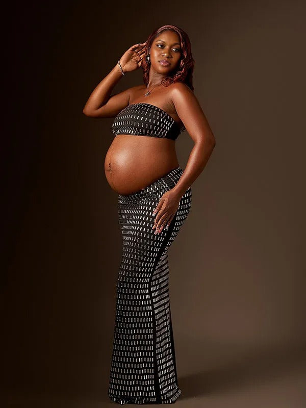 Momnfancy Black Rhinestone 2-in-1 Bandeau Crop Bodycon Photoshoot Maternity Maxi Dress